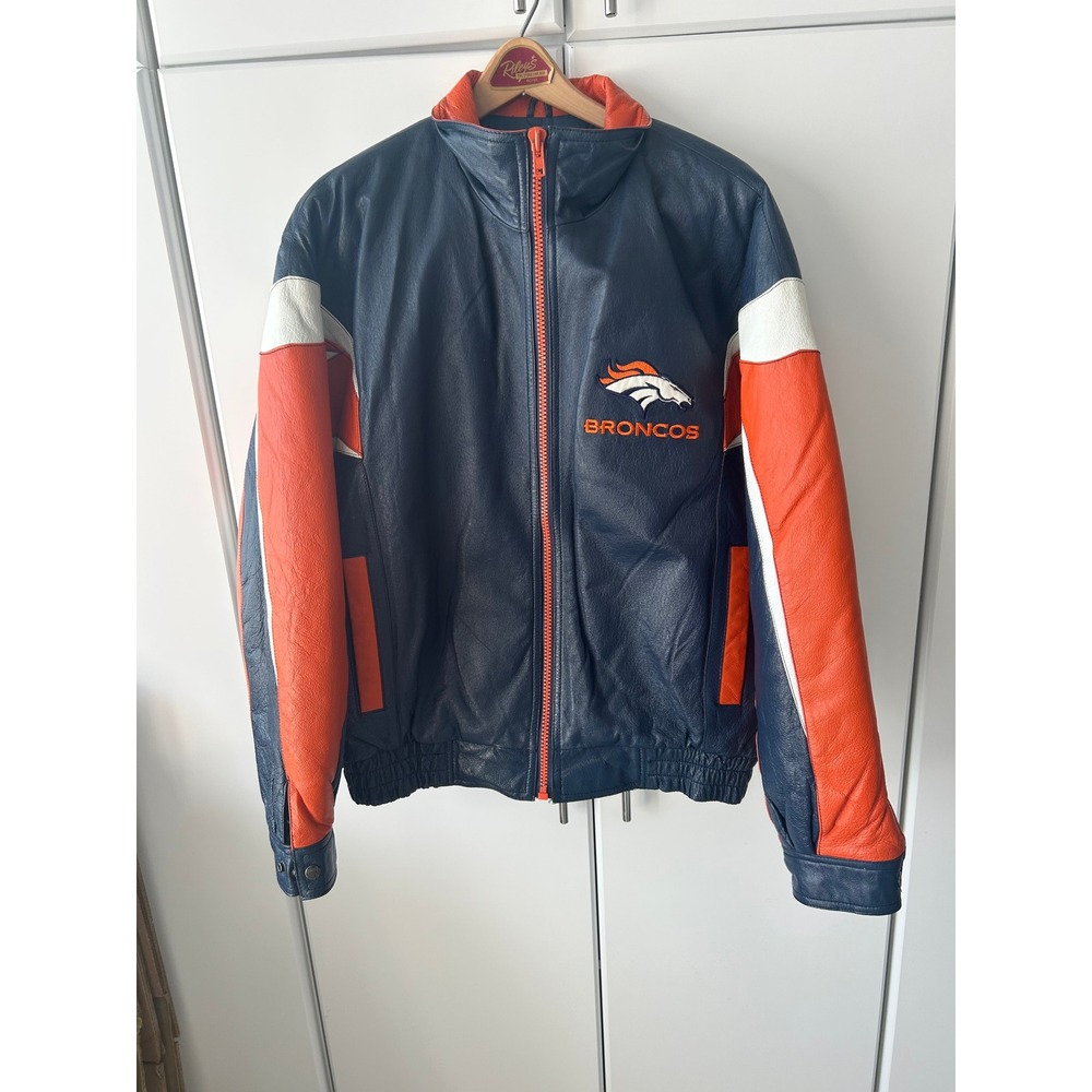 Vintage Pro Player Denver Broncos Leather Jacket Mens Large Navy Blue Orange NFL
